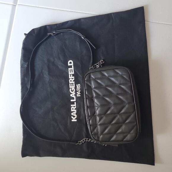 Karl Lagerfeld Crossbody Bag Quilted Black Leather Camera Shoulder Purse - Picture 4 of 6